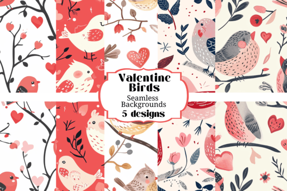 5 Valentine Birds Seamless Backgrounds for Creative Projects