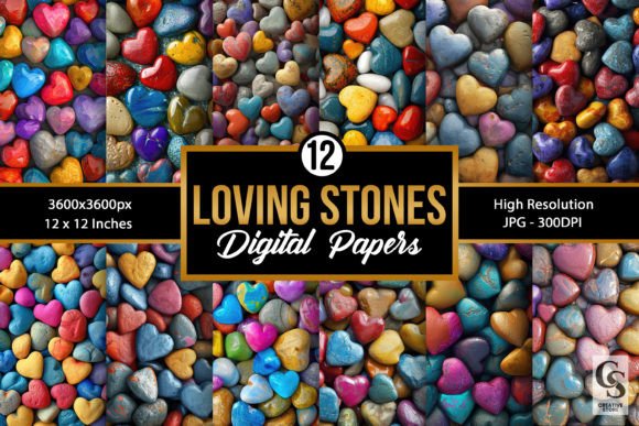 Heart Shaped Stones Backgrounds: 12 Colorful Digital Papers